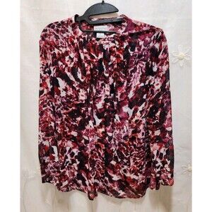 LIZ CLAIBORNE WOMENS PL RED BLACK BLOUSE SHEER ABSTRACT ARTSY CAREER MODEST WILD
